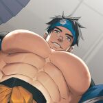  1boy abs bara black_hair blue_headband glasses guilty_gear guilty_gear_strive headband highres large_pectorals looking_at_viewer male_focus meme mito_anji muscular muscular_male navel nipples pectoral_focus pectorals round_eyewear short_hair smile solo yur_oc_like_this_(meme) zhuganchangjiadan 