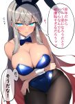  1girl animal_ears ashino_moto bangs bare_shoulders blue_eyes blue_leotard blush breasts brown_pantyhose cleavage covered_navel dark-skinned_female dark_skin detached_collar fake_animal_ears fate/grand_order fate_(series) grey_hair highleg highleg_leotard highres large_breasts leotard long_hair looking_at_viewer open_mouth pantyhose playboy_bunny rabbit_ears solo speech_bubble thighs translation_request wrist_cuffs zenobia_(fate) 