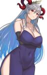  1girl absurdres armpit_crease arms_under_breasts black_gloves blue_dress blue_hair breasts bridal_gauntlets cleavage collarbone colored_inner_hair commentary_request covered_navel cowboy_shot dress fire_emblem fire_emblem_heroes freyja_(fire_emblem) gloves goat_horns gradient_hair grey_hair groin hair_between_eyes hair_ornament highres horns huge_breasts impossible_clothes impossible_dress light_blush long_hair looking_at_viewer multicolored_hair purple_hair red_eyes red_horns side_slit sidelocks simple_background solo strap_gap thighs ushiroki very_long_hair white_background 