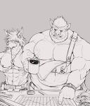  2boys absurdres animal_ears bara bare_pectorals beard big_belly boar_boy boar_ears body_fur cup eru_(eruprior) facial_hair fat fat_man full_beard grabbing_own_pectoral greyscale highres holding holding_cup huge_eyebrows large_pectorals male_focus map mature_male mechanic mike_(eruprior) monochrome mug multiple_boys muscular muscular_male original overalls pectorals pointing thick_beard tusks wrench 