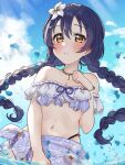  1girl absurdres bikini birthday blue_hair blue_sky bracelet braid breasts cleavage cloud cloudy_sky commentary flower hair_flower hair_ornament highres jewelry kyaku_tatsu long_hair love_live! love_live!_school_idol_project necklace off-shoulder_bikini off_shoulder sarong signature sky small_breasts sonoda_umi swimsuit twin_braids upper_body water yellow_eyes 