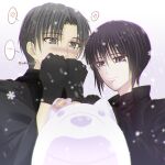  akigure1 blush couple dog fruits_basket highres nose_blush smile snow snowflakes souma_akito souma_shigure winter winter_clothes winter_gloves 