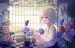  1girl absurdres blue_butterfly bug butterfly greenhouse highres lens_flare medium_hair petals red_eyes short_hair sitting solo tamago_nezumi vase wide_sleeves 