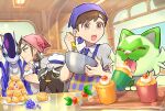  2boys :o apron arven_(pokemon) berry brown_eyes brown_hair ceiling commentary_request cupcake florian_(pokemon) food food_on_face grey_shirt head_scarf highres indoors mabosstiff male_focus miraidon mixing_bowl multiple_boys nijuuni_(njn_22) open_mouth plate pokemon pokemon_(creature) pokemon_sv purple_headwear shirt short_hair short_sleeves sprigatito teeth tongue upper_teeth_only whisk 