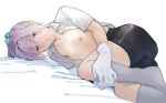  1girl aqua_eyes bike_shorts black_shorts blush breasts closed_mouth collared_shirt gloves grey_socks hair_between_eyes hugging_own_legs kantai_collection kneehighs looking_at_viewer lying nipples on_side open_clothes open_shirt ponytail purple_hair shiranui_(kancolle) shirt shishanmo short_sleeves shorts simple_background small_breasts socks solo white_background white_gloves white_shirt 