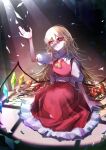  1girl 33_gaff alternate_hair_length alternate_hairstyle ascot blonde_hair commentary crystal_wings flandre_scarlet full_body light_rays long_hair parted_lips red_eyes red_skirt short_sleeves sitting skirt solo touhou yellow_ascot 