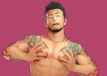  1boy arm_tattoo bara black_hair facial_hair gyee itto_(mentaiko) large_pectorals looking_at_viewer male_focus muscular muscular_male nipples pectorals pink_background priapus priapus_a._tarou short_hair shoulder_tattoo solo tattoo tongue tongue_out upper_body 