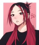  1girl black_hair black_shirt blush brown_eyes forehead kuronami616 long_hair looking_at_viewer mole mole_on_neck mole_under_eye mole_under_mouth multicolored_hair open_mouth original red_eyes red_hair shirt simple_background solo teeth tomboy two-tone_hair 