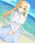  1girl :d beach blonde_hair blue_ribbon blue_skirt blue_sky blush casual colored_eyelashes commentary_request cowboy_shot day dutch_angle ears_visible_through_hair floating_hair grabbing_own_arm green_eyes hair_between_eyes hair_intakes hair_ornament happy high-waist_skirt highres long_hair looking_at_viewer neck_ribbon ocean official_alternate_costume open_mouth outdoors puffy_short_sleeves puffy_sleeves ribbon shirt short_sleeves skirt sky smile solo straight_hair summer_pockets tsumugi_wenders twintails wada_(fzwprhf3aj45658) white_shirt x_hair_ornament 