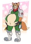  2023 anthro belly belt big_belly boots bottomwear canid canine clothed clothing ears_up eggo21 footwear fox fox_mccloud fur hands_on_stomach headgear holding_belly jacket male mammal navel nintendo obese obese_anthro obese_male overweight overweight_anthro overweight_male pants rumbling_stomach shirt solo standing star_fox tongue tongue_out topwear 