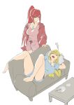  2girls absurdres bare_legs bare_shoulders barefoot breasts casual chest_jewel core_crystal_(xenoblade) couch feet glimmer_(xenoblade) high_ponytail highres karian909 large_breasts legs long_hair lying multiple_girls mythra_(xenoblade) on_couch pillow plate ponytail red_eyes red_hair short_hair sleeping spoon swept_bangs table toes xenoblade_chronicles_(series) xenoblade_chronicles_2 xenoblade_chronicles_3 xenoblade_chronicles_3:_future_redeemed 