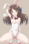  1girl animal_ears arm_behind_back arm_behind_head armpits ass_visible_through_thighs blue_bow blush bow bowtie breasts brown_background brown_eyes brown_hair commentary_request covered_navel detached_collar embarrassed fake_animal_ears groin hair_bow highleg highleg_leotard highres idolmaster idolmaster_cinderella_girls leotard long_hair looking_at_viewer open_mouth playboy_bunny rabbit_ears red_bow red_bowtie shoes sidelocks small_breasts socks solo spoken_blush squatting tachibana_arisu tamayan teeth thighs twitter_username upper_teeth_only uwabaki wavy_mouth white_footwear white_leotard white_socks 