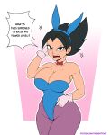  absurdres angry animal_ears black_eyes black_hair blue_headwear blue_leotard bow bowtie breasts choker cleavage dragon_ball dragon_ball_z genderswap genderswap_(mtf) gloves hand_on_own_hip highres large_breasts leotard open_mouth pantyhose patreon_username playboy_bunny purple_pantyhose rabbit_ears red_bow red_bowtie shouting simple_background speech_bubble spiked_hair themightfenek two-tone_background vegeta white_choker white_gloves 