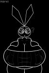  anthro big_breasts black_background black_body black_skin blush blush_lines breasts cleavage_cutout clothed clothing ears_up female front_view hand_on_breast hi_res huge_breasts lagomorph leporid looking_at_viewer mammal nipple_outline nitemarebnuuy open_mouth pattern_clothing question_mark rabbit simple_background solo striped_clothing stripes thick_thighs vib-ribbon vibri 