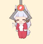 1girl animal_ears brown_background chibi closed_eyes crane_game ear_covers facing_viewer full_body gold_ship_(umamusume) gomashio_(goma_feet) grey_hair horse_ears horse_girl horse_tail jacket long_hair open_mouth pants red_jacket red_pants simple_background solo tail track_jacket track_pants track_suit translation_request umamusume very_long_hair 