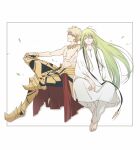  1boy 1other androgynous armor blonde_hair closed_eyes earrings enkidu_(fate) fate/grand_order fate/stay_night fate/strange_fake fate/zero fate_(series) faulds gauntlets gilgamesh_(fate) greaves green_hair highres jewelry long_hair necklace nekota_(ta_neko0) profile red_eyes robe sitting toga topless white_background white_robe 