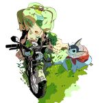  :3 animal_focus apios bag berry_(pokemon) black_sclera closed_mouth colored_sclera commentary dated_commentary day eye_contact full_body grass ground_vehicle happy highres leaf leafeon looking_at_another looking_down looking_up moss motor_vehicle motorcycle no_humans orange_sclera outdoors overgrown pecha_berry pokemon pokemon_(creature) simple_background sitting smile vaporeon wheel white_background white_eyes 