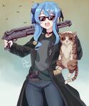  1girl absurdres animal bangs belt black_choker black_coat blue_hair blue_pants brown_belt cat choker coat cosplay cowboy_shot denim drogo_doggo green_shirt gun hair_between_eyes highres holding holding_animal holding_cat holding_gun holding_weapon hololive hoshimachi_suisei jeans long_sleeves medium_hair open_clothes open_coat open_mouth pants postal_(game) postal_dude postal_dude_(cosplay) round_teeth shirt shotgun side_ponytail sidelocks solo spas-12 standing star_(symbol) star_choker sunglasses teeth upper_teeth_only virtual_youtuber weapon 