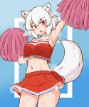  1girl animal_ears arm_up blue_background blush breasts bright_pupils cheerleader commentary_request commission gradient_background inubashiri_momiji large_breasts looking_at_viewer mizusoba open_mouth pom_pom_(cheerleading) red_eyes red_skirt short_hair skeb_commission skirt solo sweat tail touhou white_hair white_pupils wolf_ears wolf_girl wolf_tail 