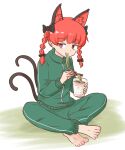  1girl alternate_costume animal_ears barefoot braid cat_ears cat_girl cat_tail commentary_request commission cup_ramen eating extra_ears full_body green_jacket green_pants gym_uniform indian_style jacket kaenbyou_rin mizusoba multiple_tails nekomata pants pointy_ears red_eyes side_braids sitting skeb_commission solo tail touhou twin_braids two_tails white_background 