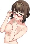  1girl adjusting_eyewear bare_arms blush breasts brown_eyes brown_hair cleavage collarbone commission completely_nude covering_breasts covering_privates cropped_torso eyelashes fingernails glasses hair_bun hands_up highres large_breasts looking_at_viewer medium_hair minamoto_chiaki nipple_slip nipples noble_works nude open_mouth red-framed_eyewear semi-rimless_eyewear shiny_skin shy simple_background single_hair_bun solo textless_version tft_(tft7822) upper_body white_background 