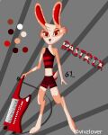 absurd_res anthro bottomwear brown_body clothing hi_res lagomorph leporid male mammal model_sheet musical_instrument rabbit red_eyes scut_tail shirt short_tail shorts solo tail topwear vivzlover