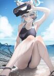  1girl animal_ear_fluff animal_ears black_one-piece_swimsuit blue_archive blue_eyes blue_sky breasts cloud competition_swimsuit covered_navel cross_hair_ornament day diving_mask eo25 extra_ears goggles grey_hair hair_ornament halo highres holding horizon low_ponytail medium_breasts medium_hair mismatched_pupils multicolored_clothes multicolored_swimsuit net ocean official_alternate_costume one-piece_swimsuit outdoors shiroko_(blue_archive) shiroko_(swimsuit)_(blue_archive) sitting sky snorkel solo swimsuit water wolf_ears 