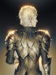  1boy armor astarion baldur&#039;s_gate baldur&#039;s_gate_3 black_background blonde_hair breastplate brown_background dungeons_&amp;_dragons from_behind gradient_background highres male_focus pale_skin pointy_ears shiny_clothes short_hair shoulder_plates solo sunsetagain 