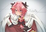  1boy :/ absurdres alternate_hair_length alternate_hairstyle armored_skirt astolfo_(fate) black_bow black_shirt blue_eyes blush bow braid cape cape_hold character_name closed_mouth fang fate/grand_order fate_(series) fur-trimmed_cape fur_trim gauntlets hair_between_eyes hair_bow hair_intakes highres long_hair male_focus multicolored_hair otoko_no_ko pink_hair purple_eyes sahata_saba shirt single_braid skin_fang solo streaked_hair two-sided_cape two-sided_fabric two-tone_hair upper_body white_background white_cape white_hair 