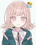  1girl azuha_0 blush brown_hair closed_mouth collared_shirt danganronpa_(series) danganronpa_2:_goodbye_despair dress_shirt flipped_hair green_jacket green_shirt grey_background highres jacket medium_hair nanami_chiaki open_clothes open_jacket pink_eyes shirt simple_background smile solo translation_request two-tone_shirt white_shirt 