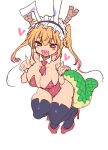  1girl :d animal_ears bare_shoulders black_thighhighs blonde_hair blush breasts cleavage cool-kyou_shinja detached_collar dragon_girl dragon_horns dragon_tail full_body gradient_hair hair_between_eyes hands_up heart heart_in_mouth high_heels highres horns kobayashi-san_chi_no_maidragon large_breasts large_tail leotard long_hair looking_at_viewer maid_headdress multicolored_hair necktie open_mouth orange_eyes playboy_bunny rabbit_ears red_footwear red_leotard red_necktie simple_background slit_pupils smile solo squatting tail thighhighs thighs tohru_(maidragon) twintails white_background wrist_cuffs 