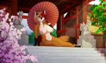  2022 absurd_res anthro artist_name asian big_breasts blonde_hair breasts building canid canine cherry_blossom commissioner_name female founntain_(character) fox hair hi_res looking_at_viewer mammal nude plant red_hair sculpture sevk signature solo stairs statue umbrella 