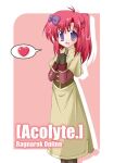  1girl 2000s_(style) :d acolyte_(ragnarok_online) antenna_hair bow brown_footwear brown_gloves capelet character_name citrusfruits510 copyright_name drop_shadow gloves hair_bow hair_intakes half_updo hands_up heart interlocked_fingers long_hair long_skirt long_sleeves looking_at_viewer open_mouth own_hands_clasped own_hands_together purple_bow purple_eyes ragnarok_online red_hair red_shirt shirt skirt sleeve_cuffs smile solo speech_bubble spoken_heart standing 