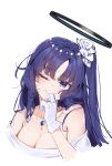  1girl blue_archive blush breasts cleavage closed_mouth elbow_gloves gloves halo highres jewelry large_breasts long_hair mechanical_halo necklace one_eye_closed painterliuhao purple_eyes purple_hair simple_background solo upper_body white_background white_gloves yuuka_(blue_archive) 