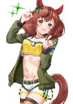  alternate_costume animal_ears belt blush bomber_jacket breasts brown_eyes commentary_request cosplay dog_tags dusu_(htkj) hair_ornament highres horse_ears horse_girl jacket looking_at_viewer mayano_top_gun_(umamusume) mayano_top_gun_(umamusume)_(cosplay) medium_breasts medium_hair midriff nice_nature_(umamusume) open_mouth red_hair shorts simple_background umamusume white_background 