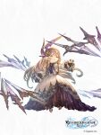  1girl ascot black_gloves black_hairband brown_hair copyright_name dress earrings flying_sword full_body gloves granblue_fantasy granblue_fantasy:_relink hairband highres jewelry logo long_hair maglielle_(granblue_fantasy:_relink) minaba_hideo multiple_weapons pointy_ears purple_ascot red_eyes solo white_background white_dress 