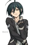  1boy alternate_costume bangs black_gloves black_hair black_jacket brown_eyes collarbone danganronpa_(series) danganronpa_v3:_killing_harmony ewa_(seraphhuiyu) fingerless_gloves gloves grey_background grey_shirt hair_between_eyes highres jacket open_clothes open_jacket saihara_shuuichi shiny_hair shirt short_hair simple_background smile solo teeth upper_body 