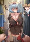  1boy 1girl animal_ear_fluff animal_ears arm_at_side blonde_hair blue_hair blurry blurry_background blurry_foreground blush breasts brown_eyes character_request cleavage clothes_hanger collarbone covered_navel curtains feet_out_of_frame glasses green_eyes hair_between_eyes hairband heart highres holding huge_breasts indoors jewelry long_sleeves looking_at_viewer medium_hair monster_girl_encyclopedia necklace noiretox parted_lips pink_hairband pov ratatoskr_(monster_girl_encyclopedia) semi-rimless_eyewear solo_focus standing sweat thick_eyebrows thighhighs under-rim_eyewear 
