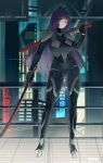  1girl absurdres ass_visible_through_thighs black_bodysuit bodysuit breasts closed_mouth contrapposto dual_wielding full_body high_heels highres holding holding_sword holding_weapon katana large_breasts looking_at_viewer milephunter neon_(valorant) original purple_hair railing red_eyes solo sword weapon 
