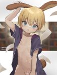  1boy absurdres animal_ears bar_censor blonde_hair blue_eyes blurry blurry_background blush censored flaccid hand_on_own_ear highres hood hooded_jacket jacket male_focus mixed-language_commentary naked_jacket navel nipples omurice_(roza4957) open_clothes open_jacket original paper parted_lips penis rabbit_boy rabbit_ears rabbit_tail short-sleeved_jacket short_hair short_sleeves solo tail testicles twitter_username 