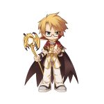  1boy black-framed_eyewear blonde_hair blue_eyes brown_wings capelet chibi closed_mouth fingerless_gloves fire frown full_body fur-trimmed_capelet fur_trim glasses gloves high_collar high_wizard_(ragnarok_online) holding holding_staff looking_at_viewer magic male_focus medium_bangs official_art pants parted_bangs pyrokinesis ragnarok_online red_capelet semi-rimless_eyewear shirt shoes short_hair simple_background solo staff standing tachi-e transparent_background under-rim_eyewear v white_footwear white_gloves white_pants white_shirt wings yuichirou 
