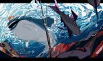  animal_focus apios black_eyes blue_background bright_pupils commentary dated_commentary dondozo fish from_below half-closed_eyes highres letterboxed no_humans open_mouth outdoors outside_border pokemon pokemon_(creature) swimming tatsugiri tatsugiri_(curly) underwater veluza white_pupils 