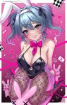  1girl animal_ears bare_shoulders black_leotard black_ribbon blue_eyes blue_hair blush bow breasts card clothing_cutout cutout_above_navel detached_collar fake_animal_ears fishnet_pantyhose fishnets hair_ornament hair_ribbon hairband hatsune_miku heart heart_cutout heart_in_eye high_heels highres large_breasts leotard looking_at_viewer necktie pantyhose parted_lips patreon_logo patreon_username pink_background pink_bow pink_necktie playboy_bunny playing_card rabbit_ears rabbit_hair_ornament rabbit_hole_(vocaloid) ribbon ryuuneart smile spaghetti_strap symbol_in_eye teardrop_facial_mark teeth vocaloid white_hairband x_hair_ornament 