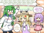  3girls :d alternate_costume bat_wings blonde_hair blurry blurry_background brown_headwear clothes_writing commentary contemporary diamon_arga drawstring english_commentary english_text frog_hair_ornament green_hair hair_ornament indoors kochiya_sanae long_hair medium_hair moriya_suwako multiple_girls o_o open_mouth pink_skirt purple_hair red_eyes remilia_scarlet sidelocks skirt smile snake_hair_ornament speech_bubble sweat touhou twitter_username wings 