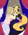  2girls angehalos black_dress blonde_hair blush breasts chimera collarbone detached_sleeves dress dungeon_meshi falin_touden falin_touden_(chimera) feathered_wings feathers hand_on_another&#039;s_chin highres long_hair looking_to_the_side marcille_donato marcille_donato_(lord) medium_hair monster_girl multiple_girls open_mouth sideboob signature spotlight teeth wings yellow_eyes 