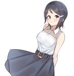  1girl aa211108 arms_behind_back bare_arms bare_shoulders belt_buckle black_hair black_skirt blue_eyes blush breasts buckle closed_mouth collar collared_shirt cowboy_shot dot_nose eyelashes hair_ornament hairpin idolmaster idolmaster_dearly_stars large_breasts light_smile looking_at_viewer medium_hair mizutani_eri parted_bangs shirt simple_background skirt sleeveless sleeveless_shirt solo straight_hair white_background white_collar wind wind_lift 