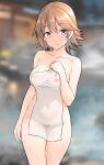  1girl blurry blurry_background breasts brown_hair collarbone covered_navel covered_nipples covering_privates female_pubic_hair flipped_hair furaggu_(frag_0416) grey_hair hiei_(kancolle) highres kantai_collection large_breasts naked_towel nude_cover onsen pubic_hair see-through short_hair solo standing towel white_towel 