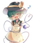  1girl aged_down arms_behind_back bangs black_headwear blush bow buttons child closed_eyes collar diamond_button dress frilled_collar frills green_collar green_hair hair_between_eyes happy hat hat_bow hat_ribbon heart heart_of_string komeiji_koishi musical_note open_mouth ribbon sekisei_(superego51) short_dress short_hair sidelocks simple_background sleeveless sleeveless_dress smile solo spoken_musical_note subterranean_animism sunlight third_eye touhou wavy_hair white_background yellow_bow yellow_dress yellow_ribbon 