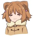  1girl :3 animal_ears brown_coat brown_hair closed_eyes coat commentary dog_ears fur_trim girls_und_panzer hair_ears hair_ornament hazuki_haru highres portrait short_hair solo yuuko_(girls_und_panzer) 