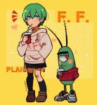  1boy 1girl absurdres antennae asymmetrical_legwear bandaid bandaid_on_knee bandaid_on_leg blue_eyes brown_hoodie brown_sweater character_name commentary crossover cup disposable_cup drinking drinking_straw english_commentary foo_fighters_(jojo) green_hair hand_in_pocket heart highres hood hooded_sweater hoodie huyandere jojo_no_kimyou_na_bouken loafers red_eyes sheldon_j._plankton shoes short_hair single_thighhigh sneakers sparkling_aura spongebob_squarepants_(series) stone_ocean sweater thighhighs trait_connection 